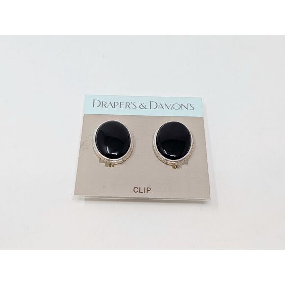 Draper's & Damon's Earrings Black Oval Silver Tone Clip On New - Picture 1 of 4